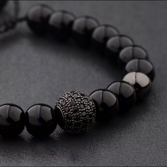 Men’s Black Beaded Bracelet With Black CZ - Picture 2 of 6